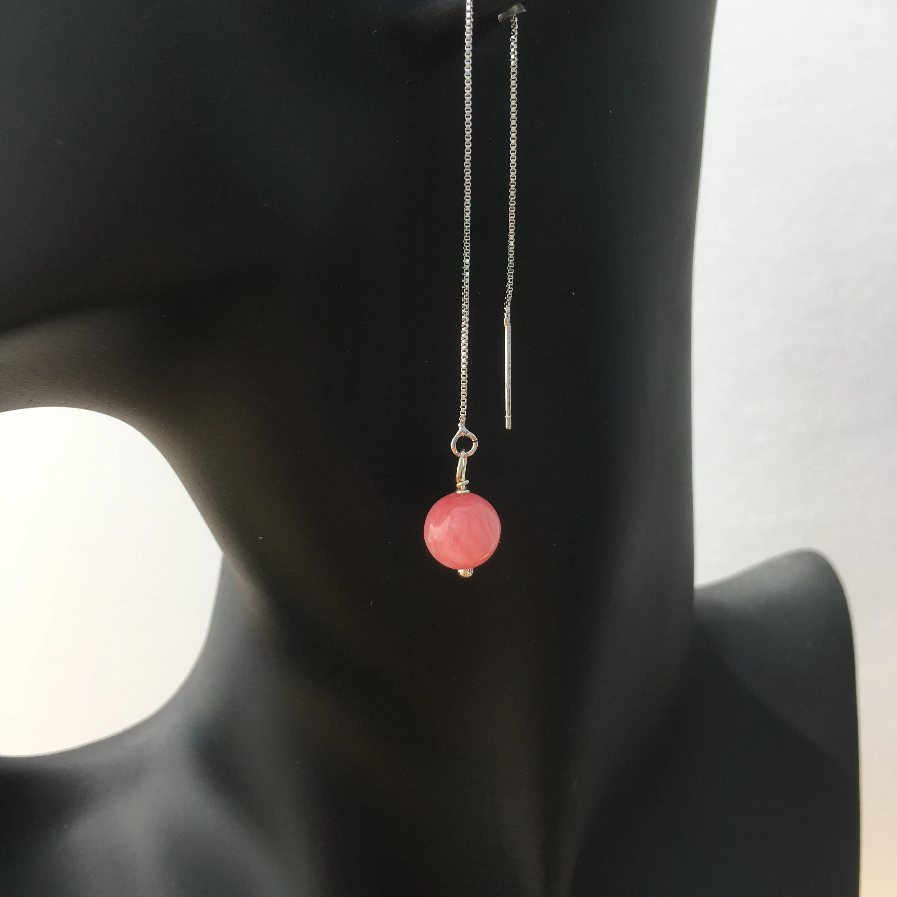Genuine Rhodochrosite Silver Plated Threader Earrings, Pair