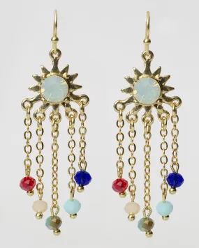 Gold Crystal Sunburst and Beaded Fringe Earrings Coastal Cowgirl