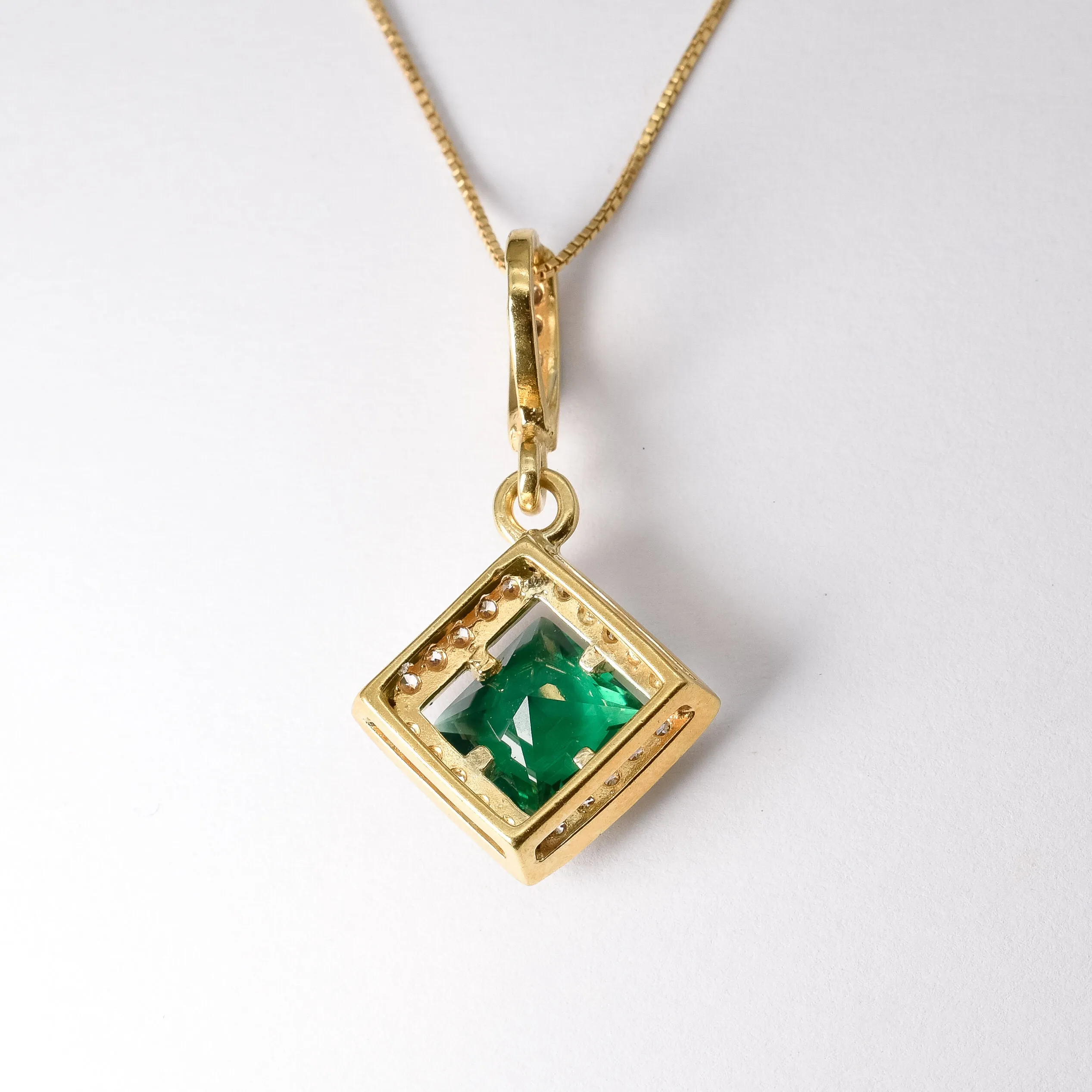 Gold Emerald Pendant - Green Emerald Necklace, Princess Cut Emerald Pendant