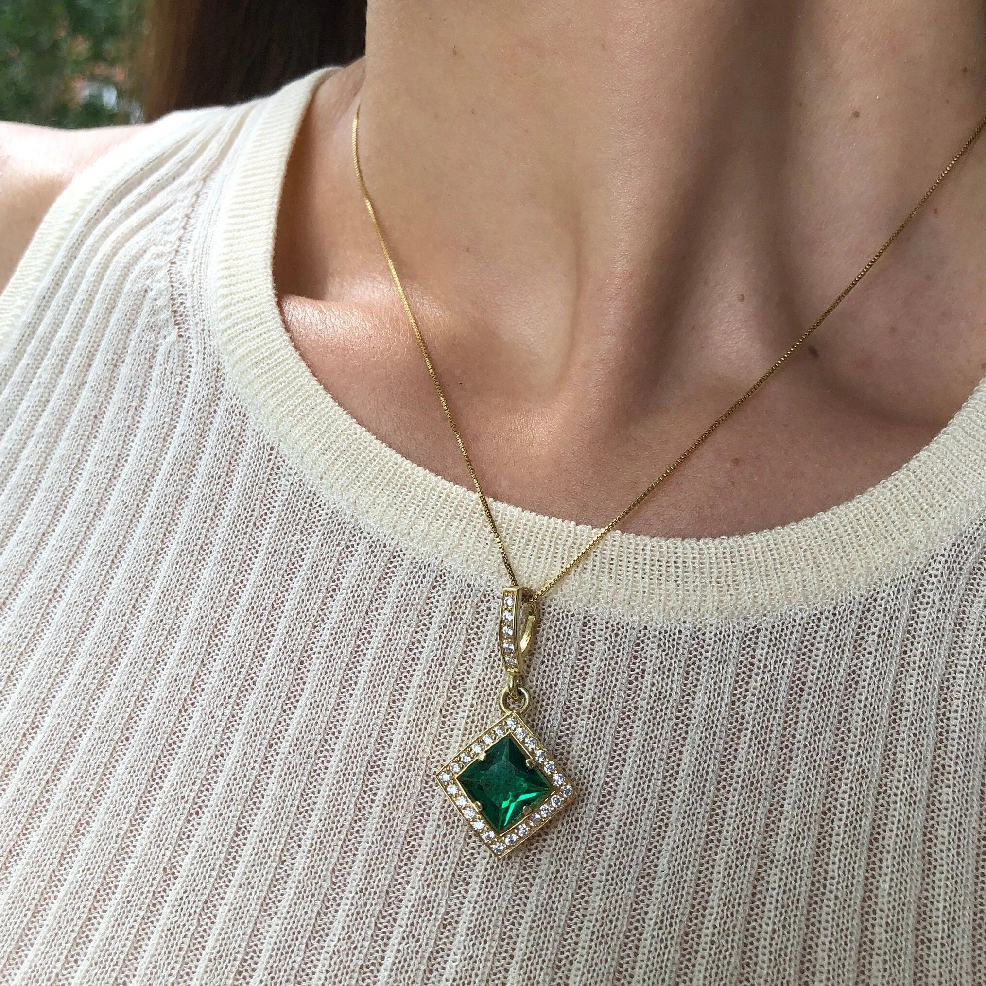 Gold Emerald Pendant - Green Emerald Necklace, Princess Cut Emerald Pendant