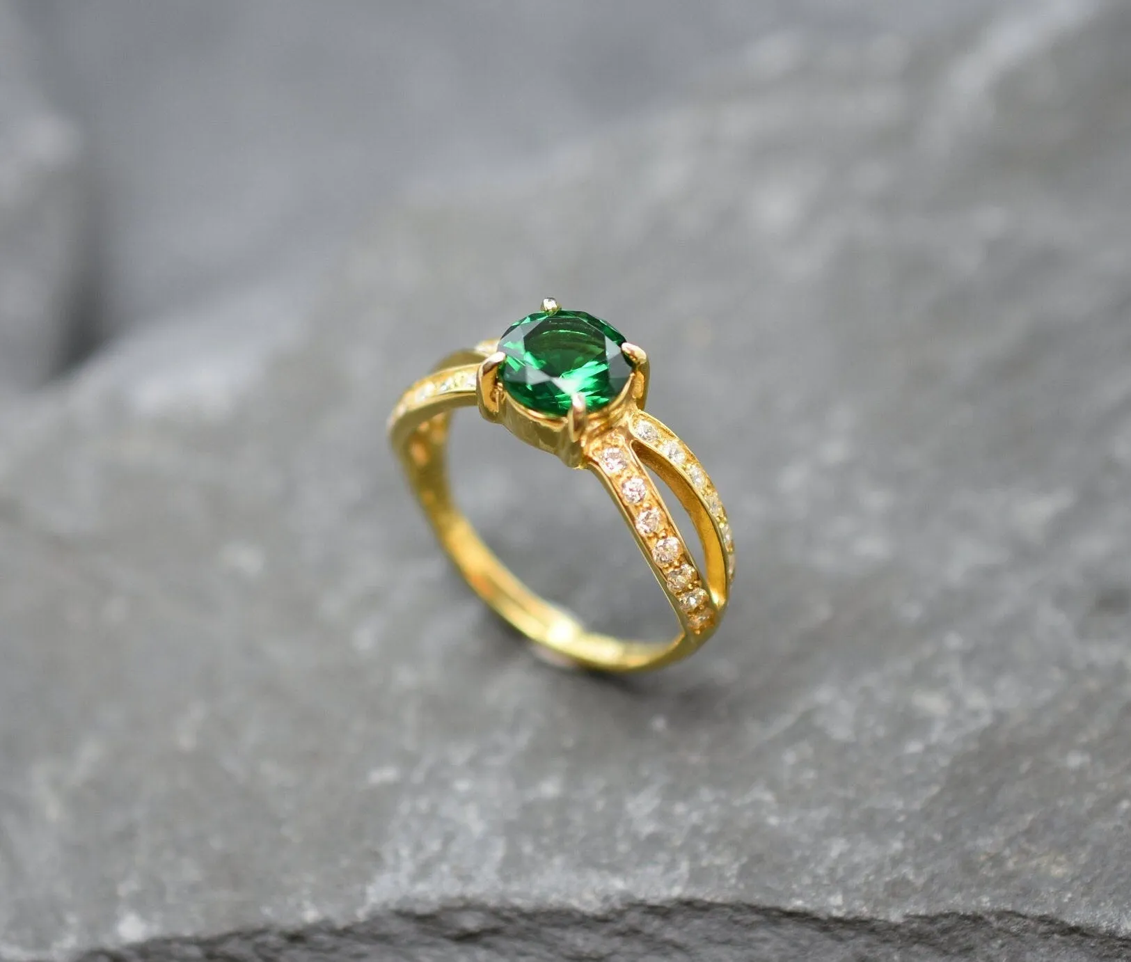 Gold Emerald Ring - Vintage Emerald Ring - Solitaire Emerald Ring