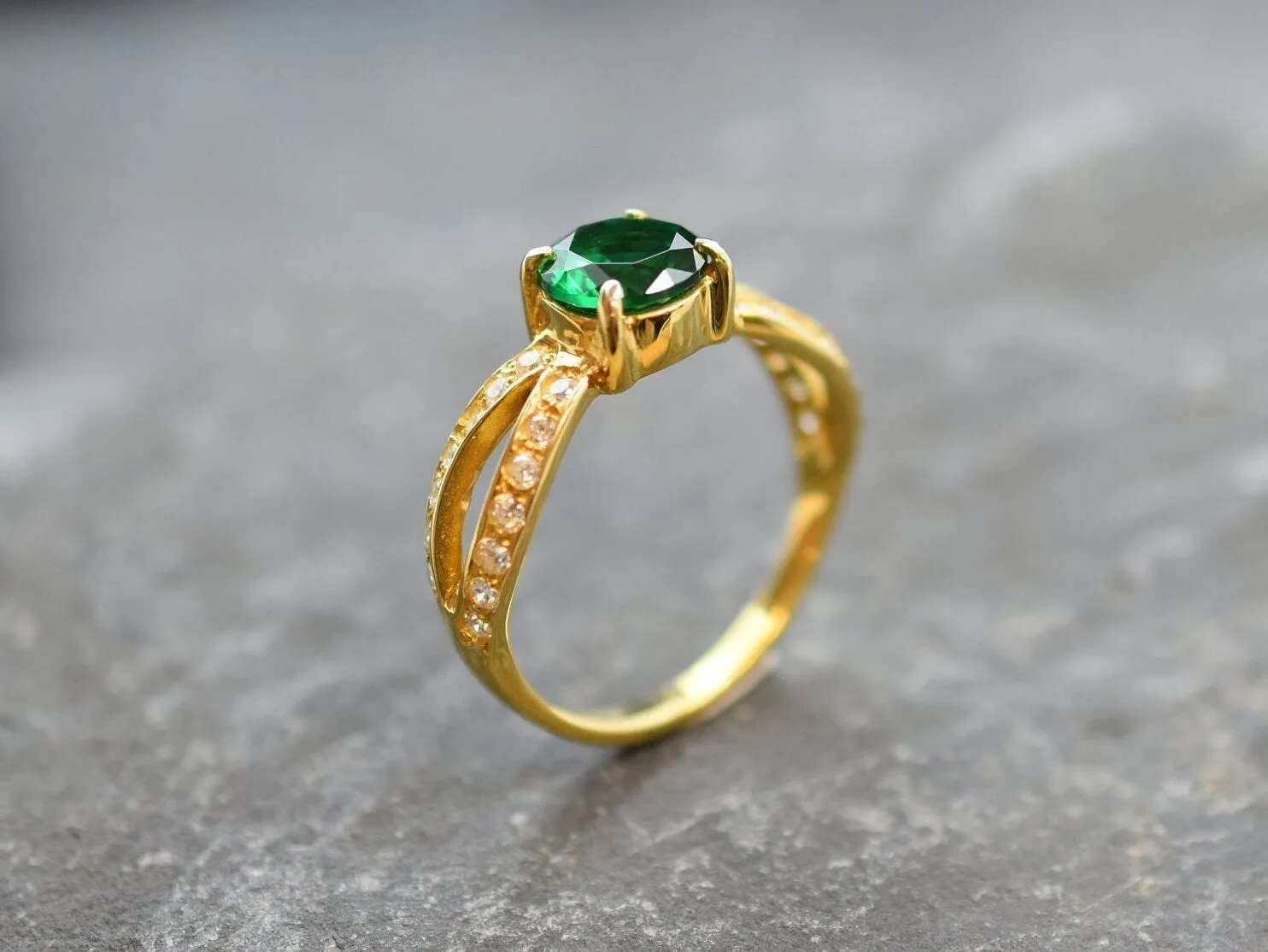 Gold Emerald Ring - Vintage Emerald Ring - Solitaire Emerald Ring