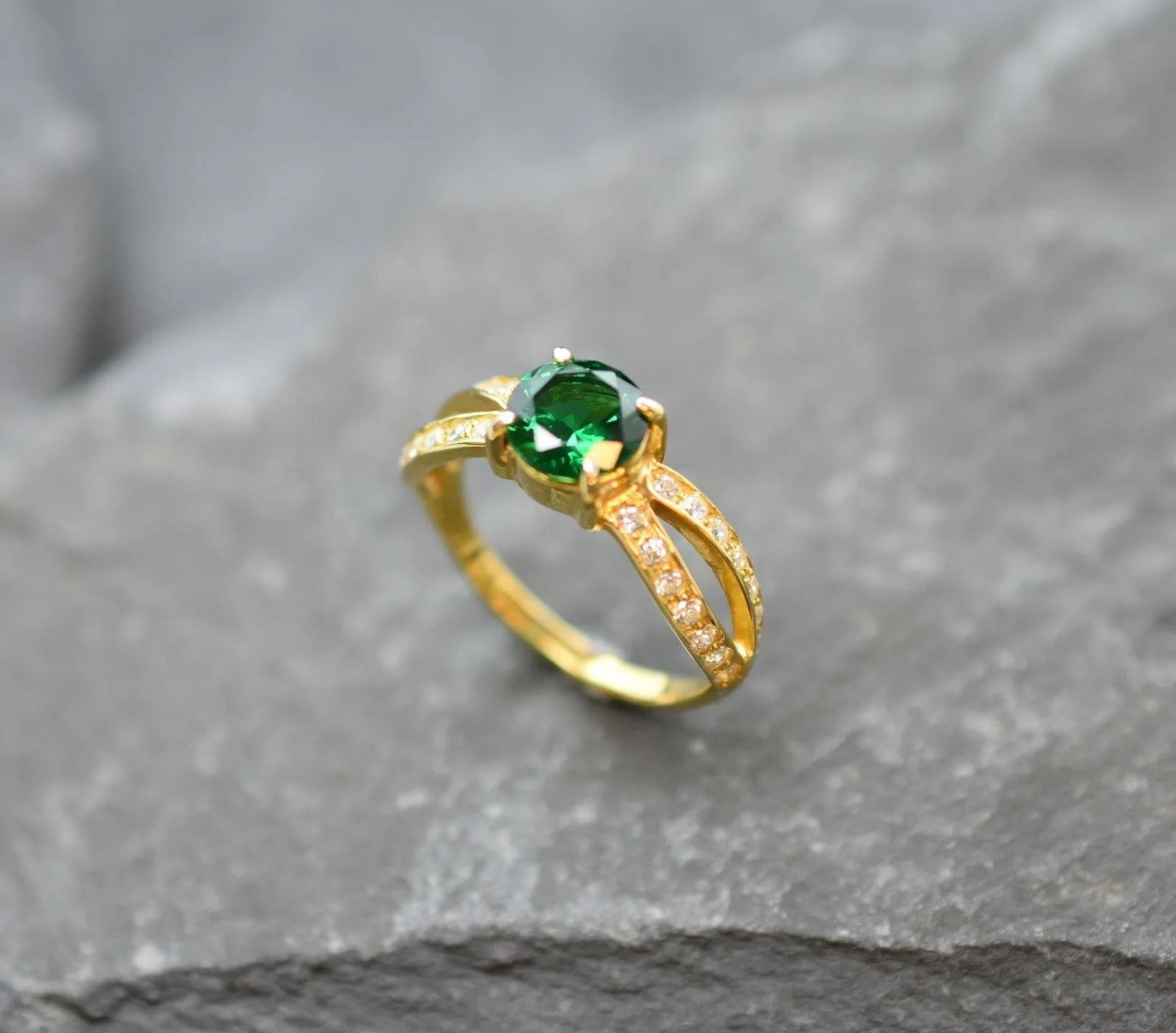 Gold Emerald Ring - Vintage Emerald Ring - Solitaire Emerald Ring