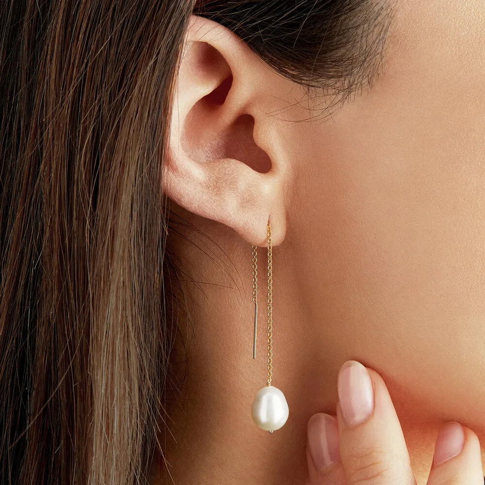 Gold Large Pearl Drop Ear Threaders