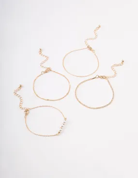 Gold Pearl Diamante Chain Bracelet 4-Pack
