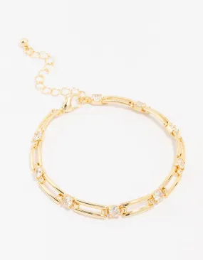 Gold Plated Brass Rectangular Square Cubic Zirconia Bracelet
