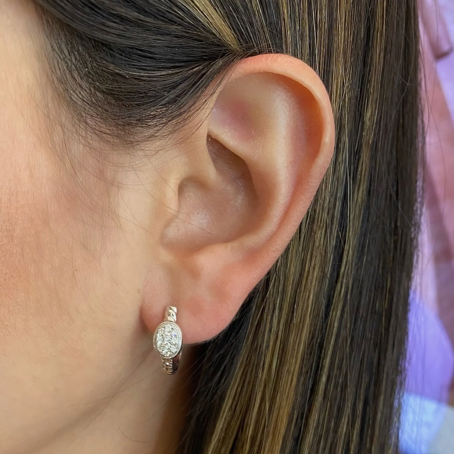 Gold Twist Huggie Earrings with Diamond Ovals