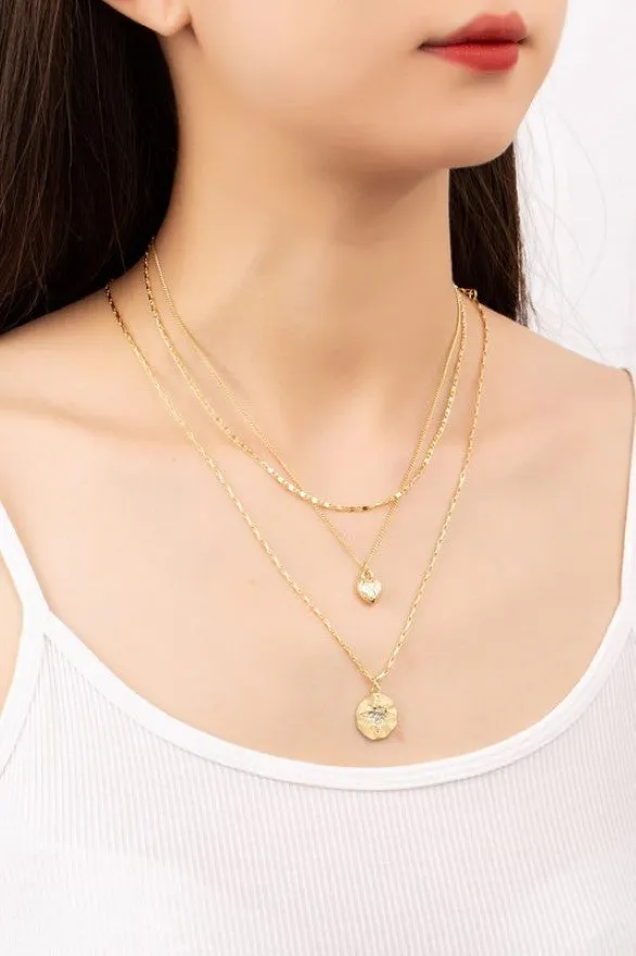 Goldtone Heart Pendant Trio Layering Necklace Set