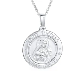 Large Patron of Missions Saint Theresa Pendant Necklace in Sterling Silver