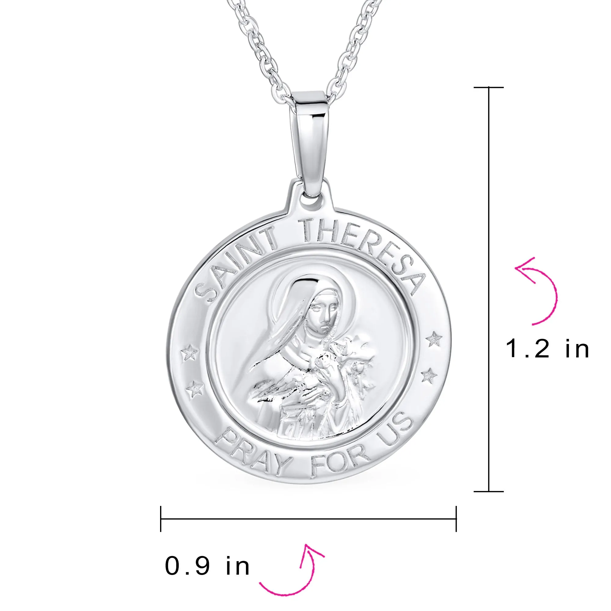 Large Patron of Missions Saint Theresa Pendant Necklace in Sterling Silver