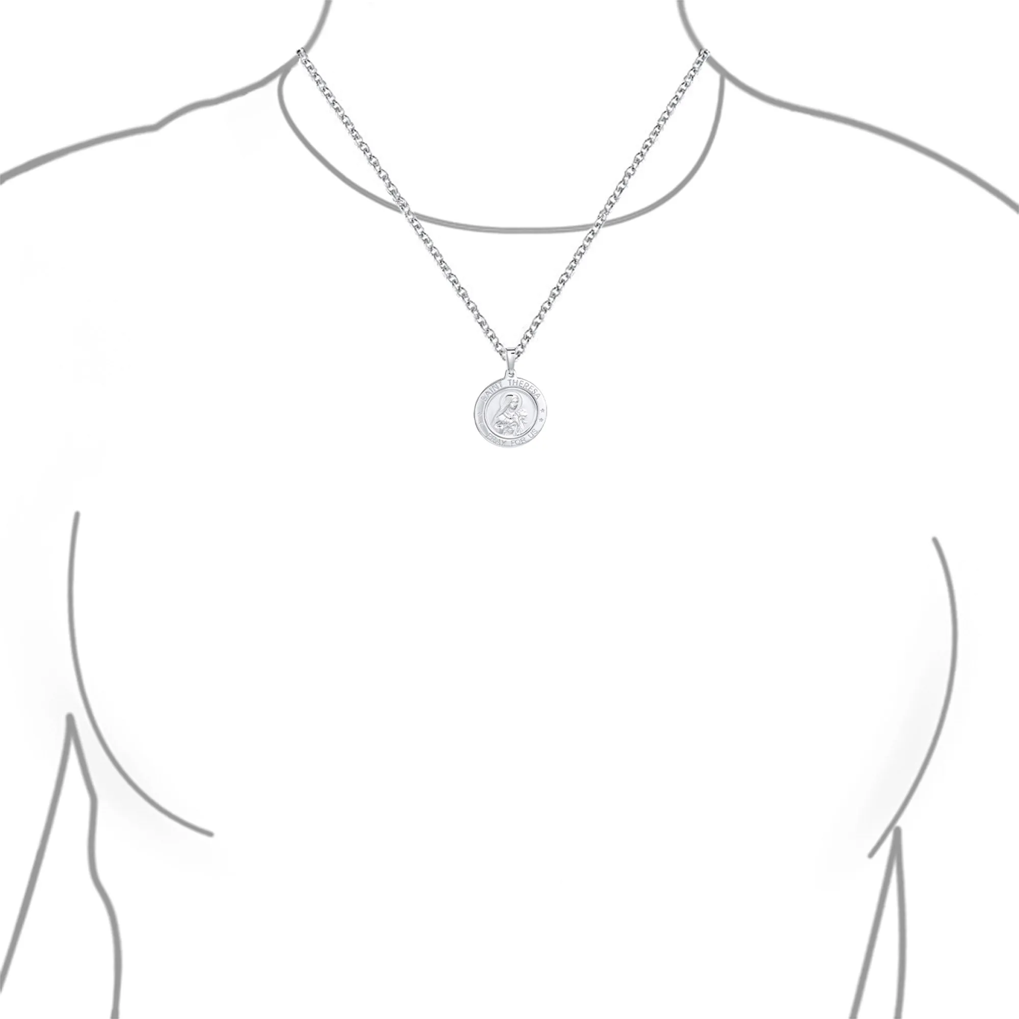 Large Patron of Missions Saint Theresa Pendant Necklace in Sterling Silver
