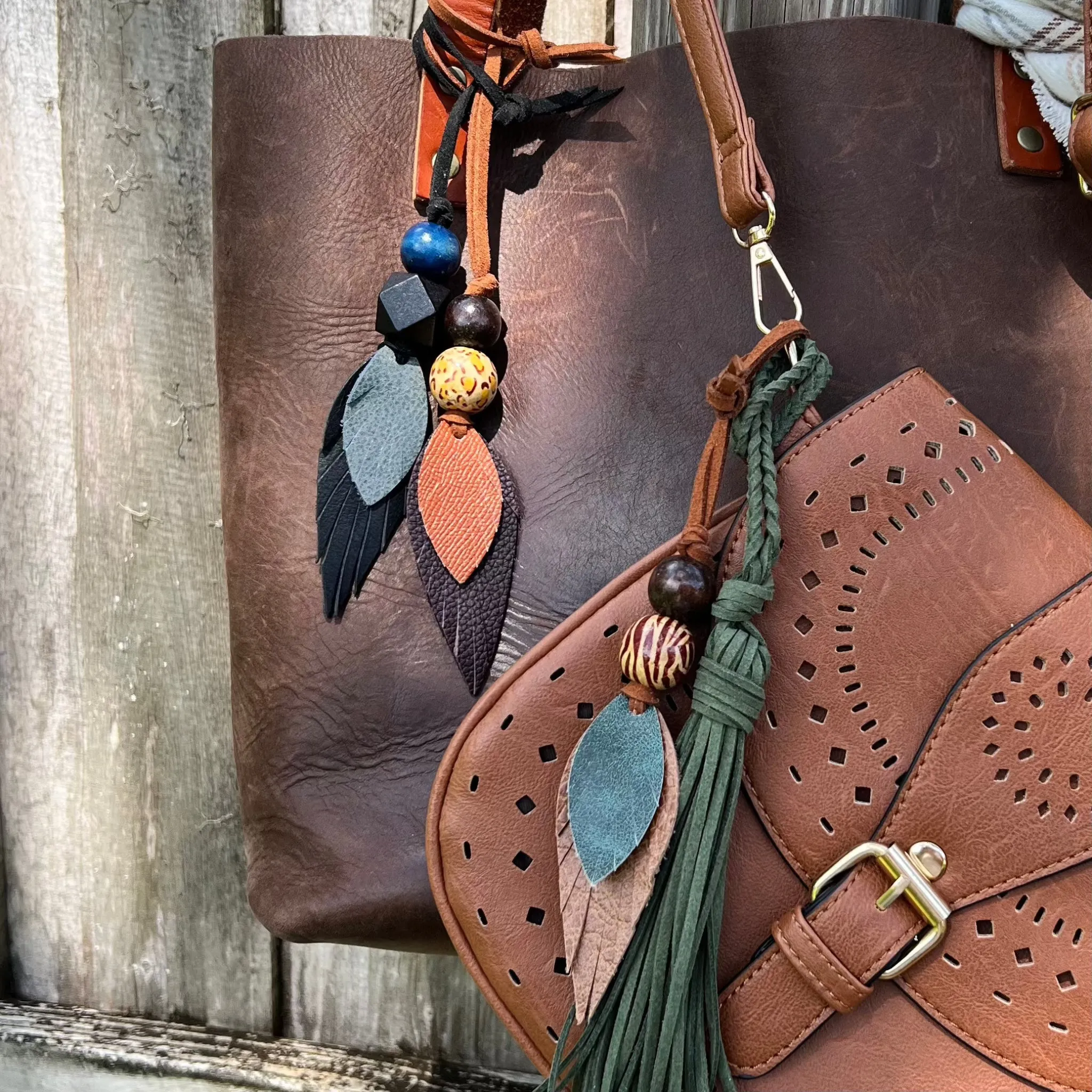 Leather Feather Boho Purse Charm