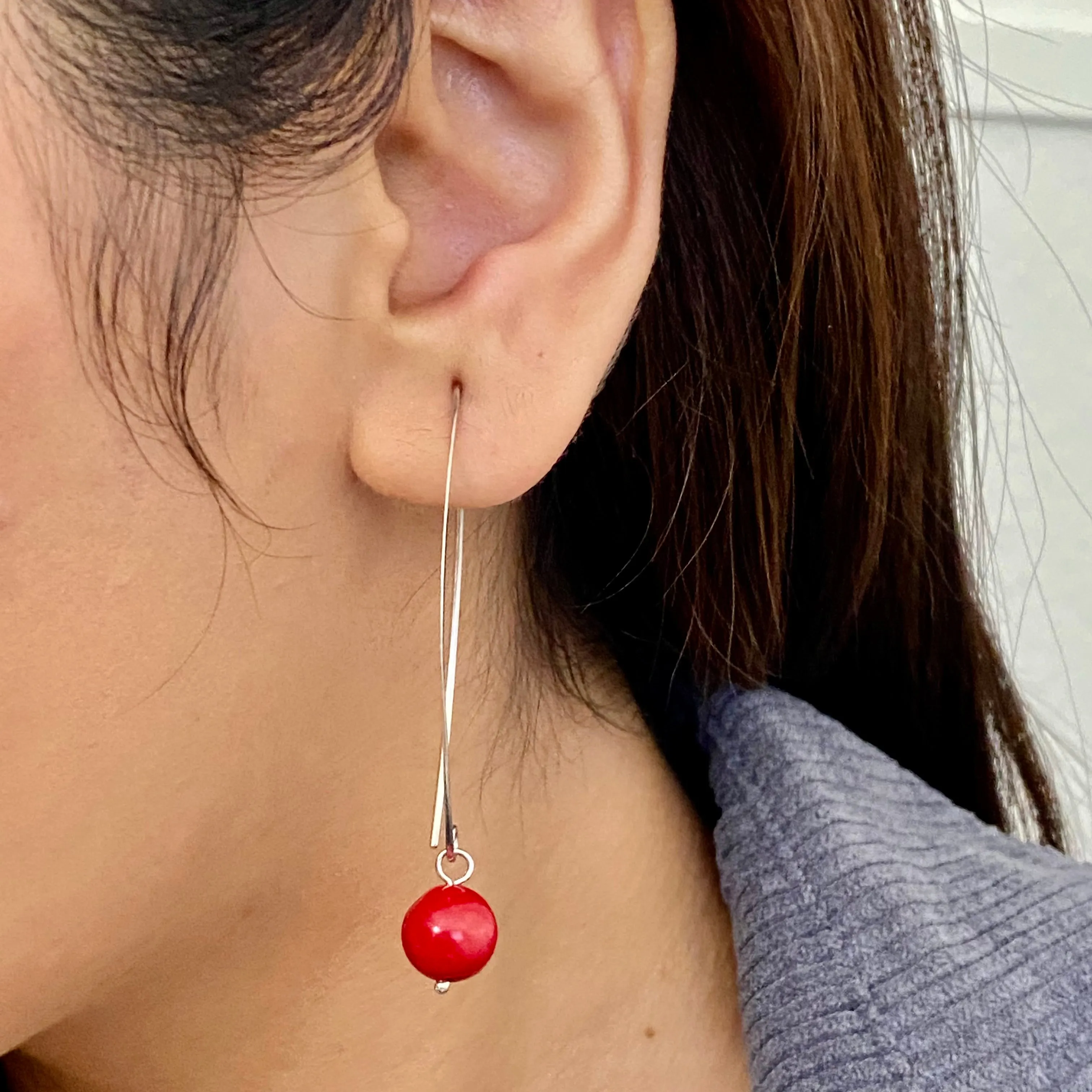 Long Sterling Silver Threader Earrings with Coral Drop