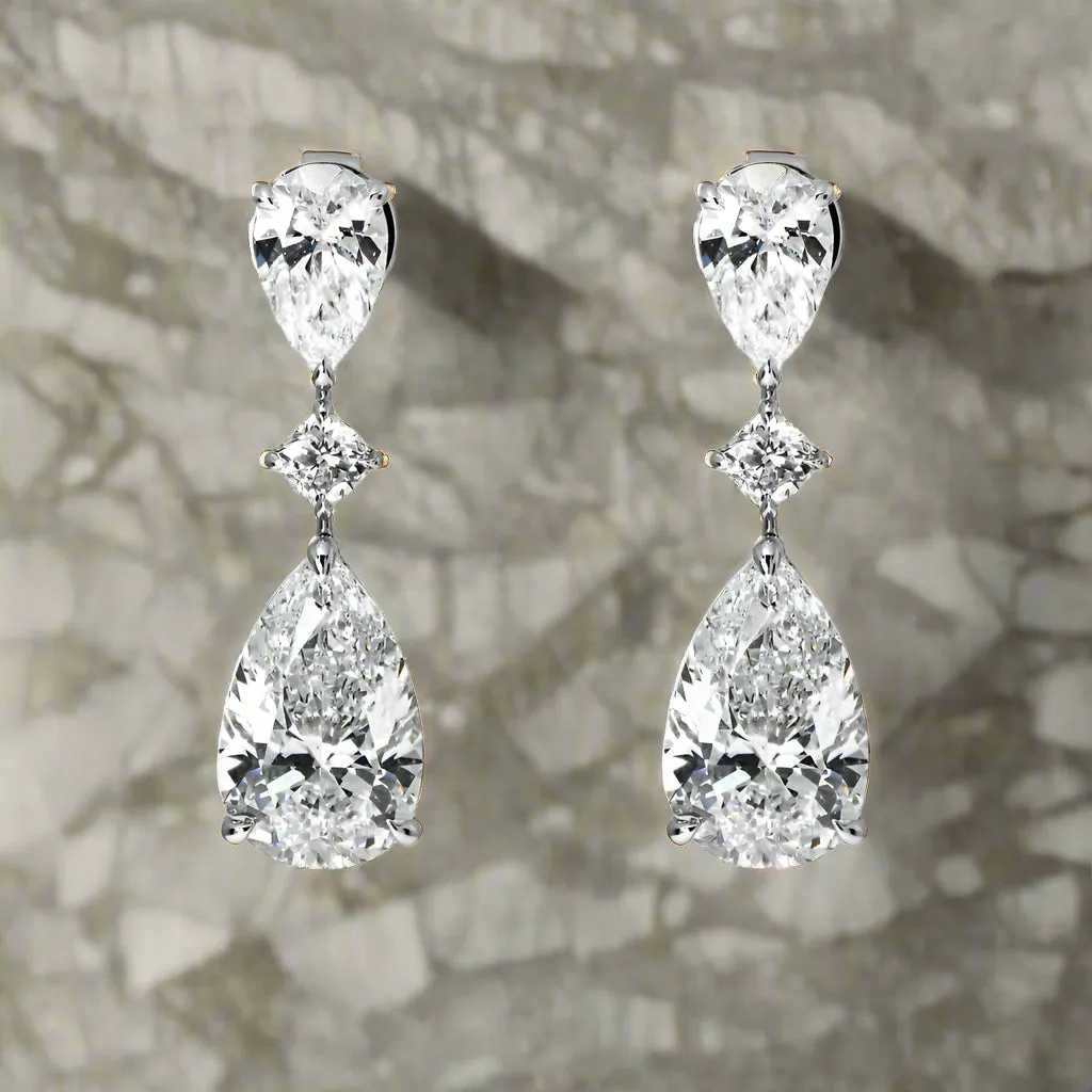 Luane 11 Carats Rose Bud Pear Cut Lab Grown Diamond Drop Earrings in 18K White Gold