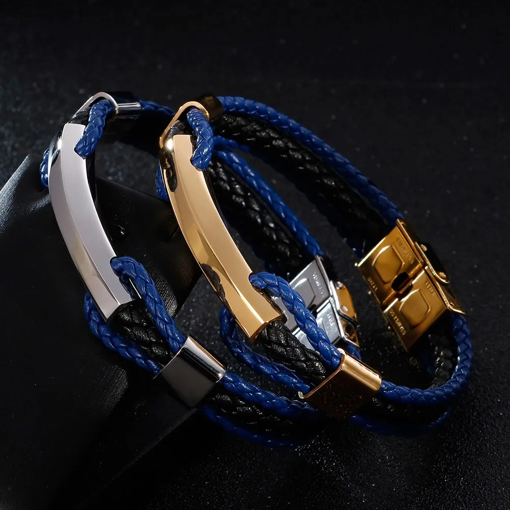 Luxury Braided Three-tier Layer Blue Leather Bracelet Men