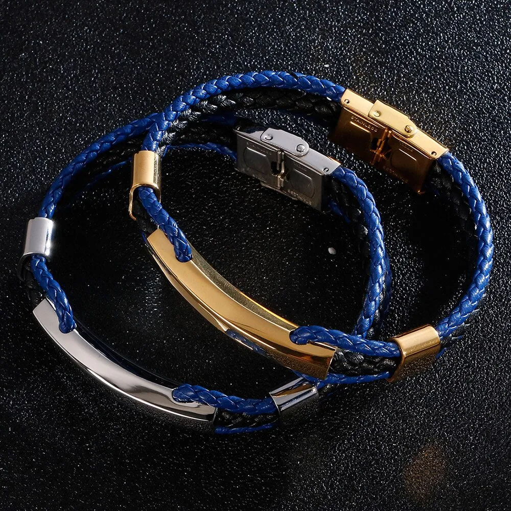 Luxury Braided Three-tier Layer Blue Leather Bracelet Men