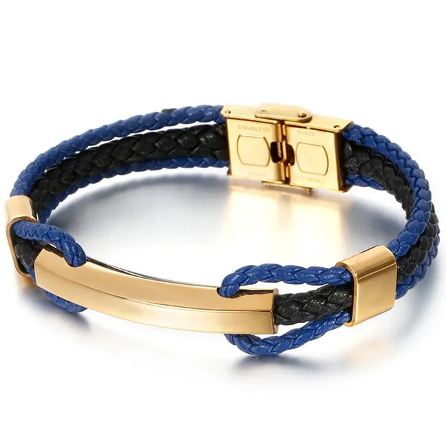 Luxury Braided Three-tier Layer Blue Leather Bracelet Men