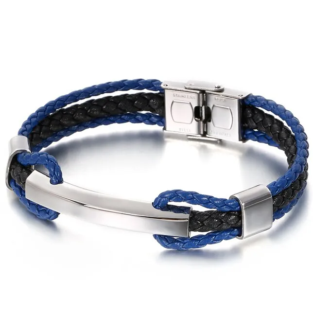 Luxury Braided Three-tier Layer Blue Leather Bracelet Men