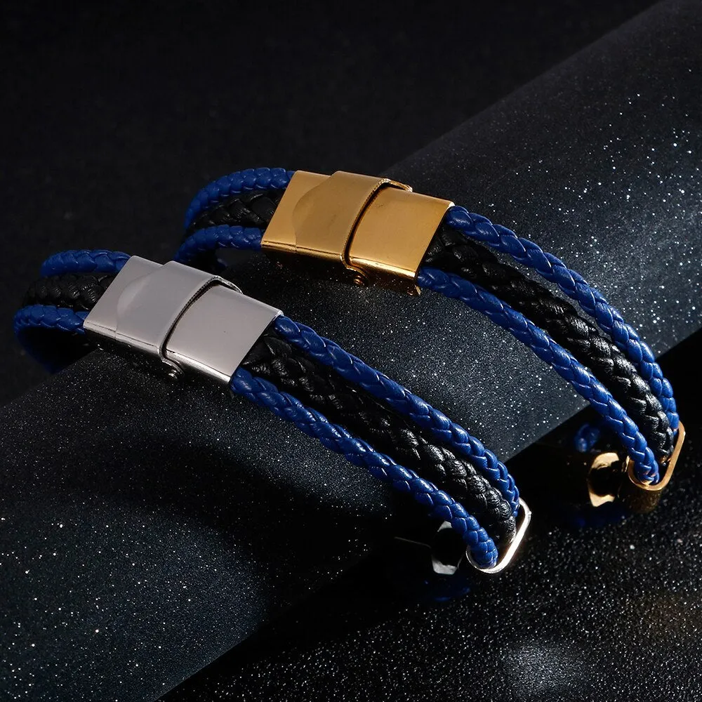 Luxury Braided Three-tier Layer Blue Leather Bracelet Men