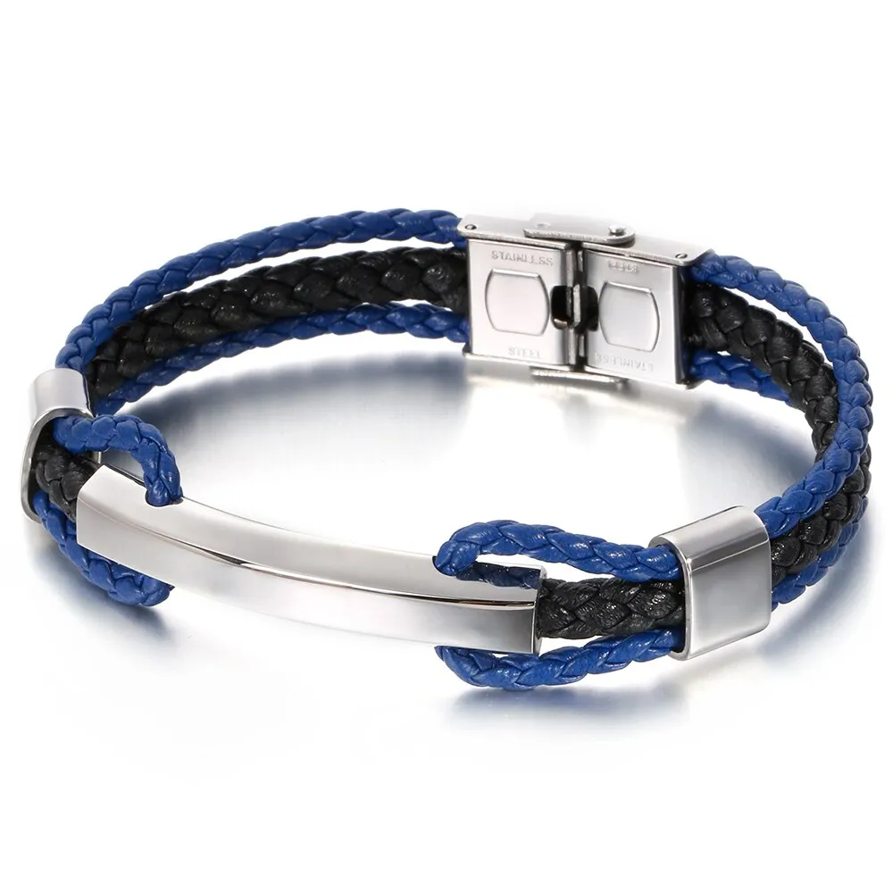 Luxury Braided Three-tier Layer Blue Leather Bracelet Men