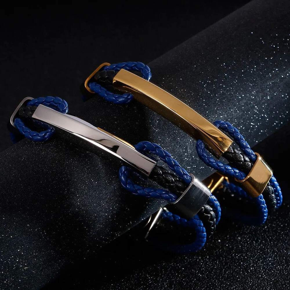 Luxury Braided Three-tier Layer Blue Leather Bracelet Men