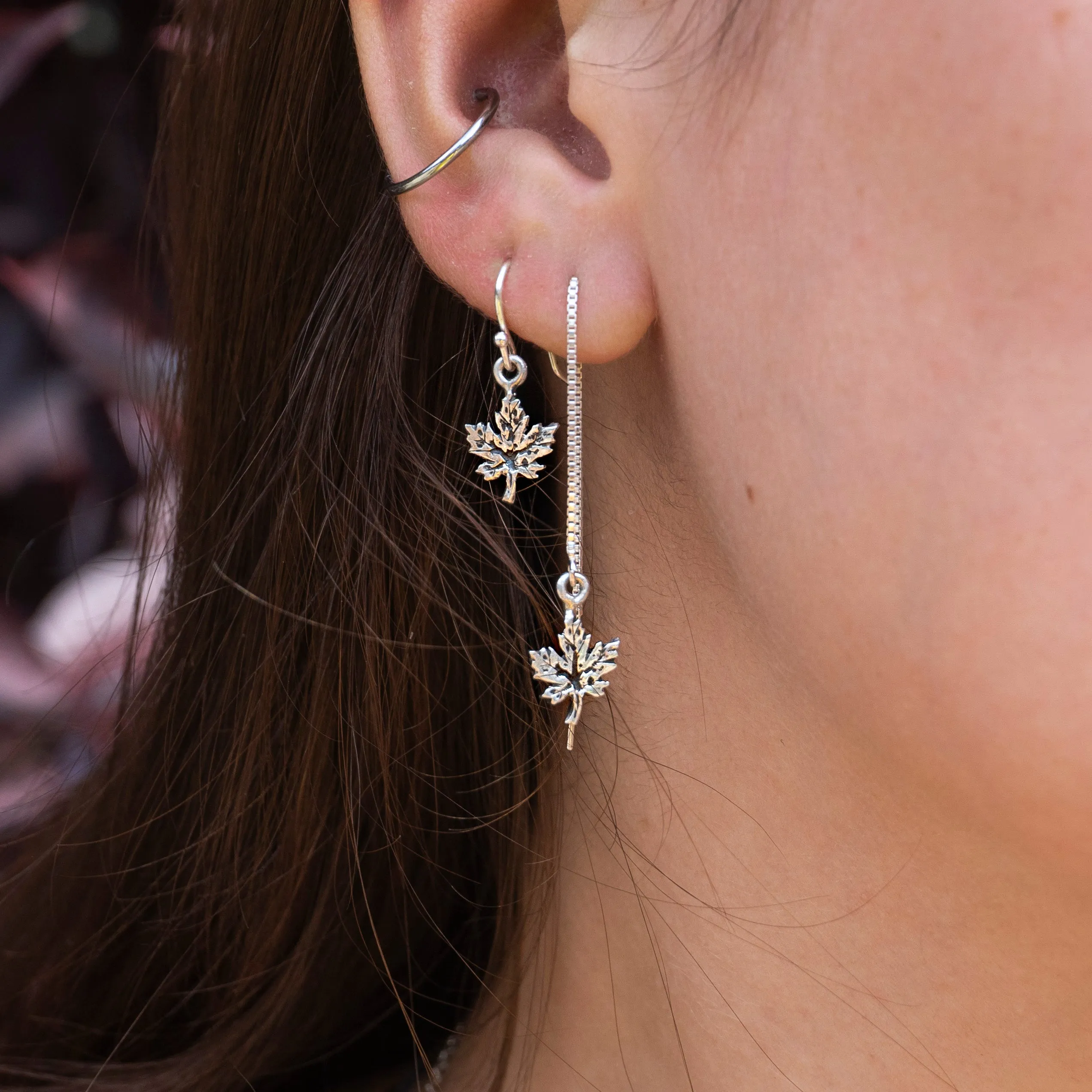 Maple Leaf Drop and Threader Earrings