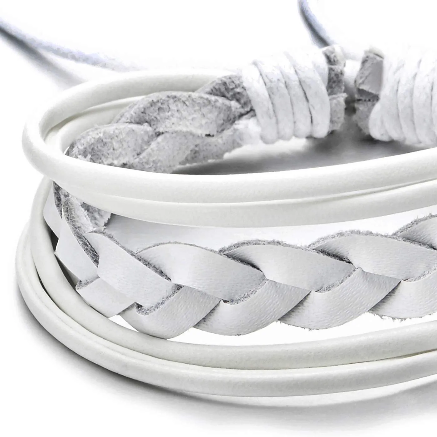 Mens Womens White Braided Leather Bracelet, Leather Wristband Wrap Bracelet, Adjustable