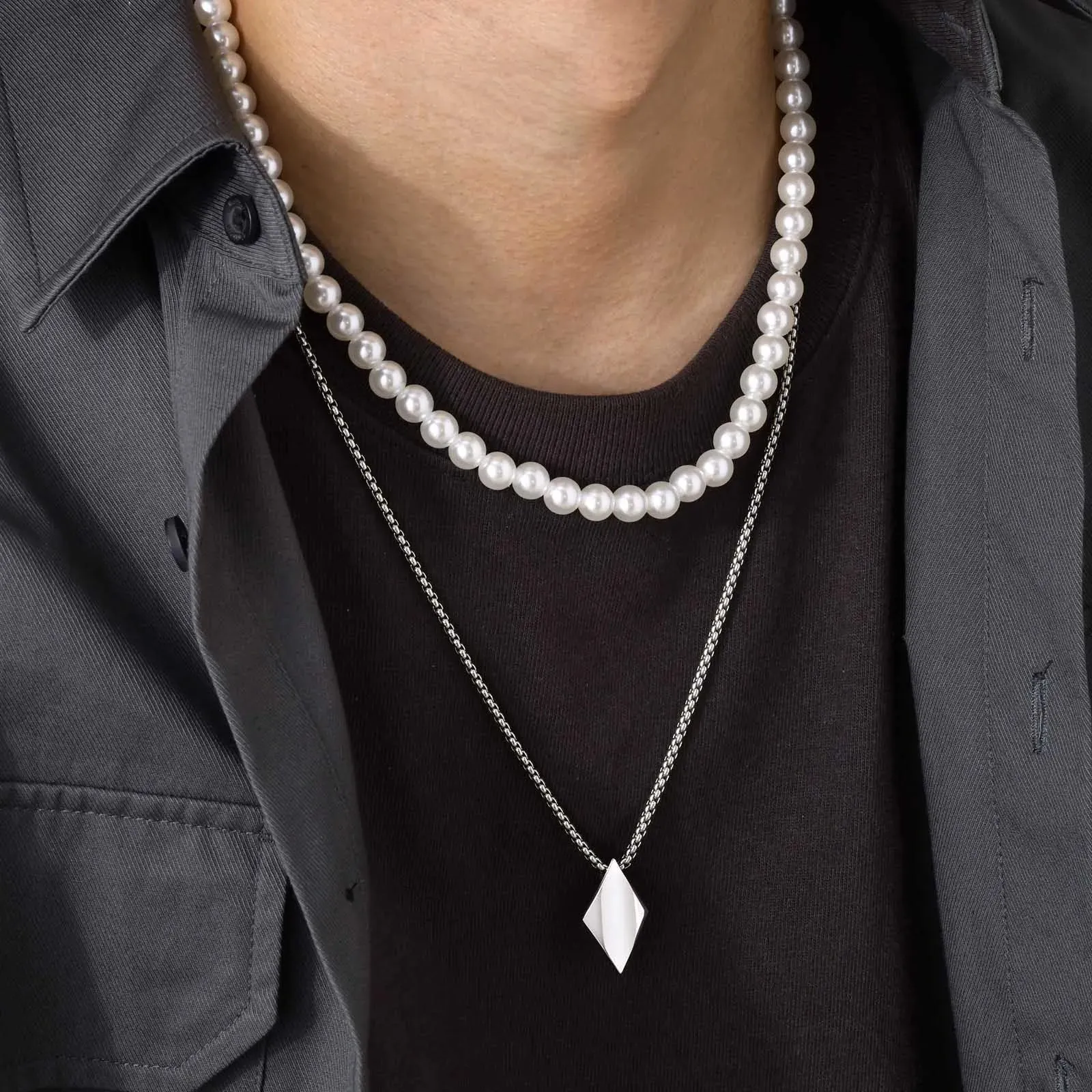 Minimalist Stainless Steel Geometric Rhombus Necklace for Men