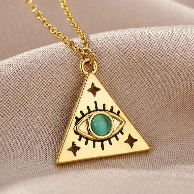 Minimalist Triangle Blue Opal Necklace Gold Color Stainless Steel Turkish Evil Eye Pendant