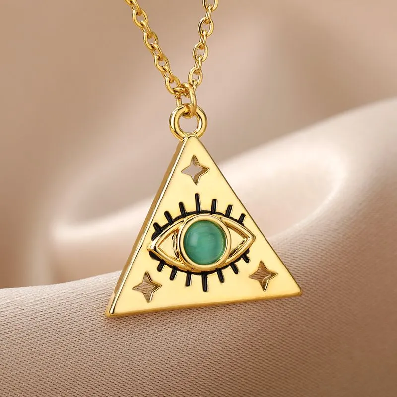 Minimalist Triangle Blue Opal Necklace Gold Color Stainless Steel Turkish Evil Eye Pendant