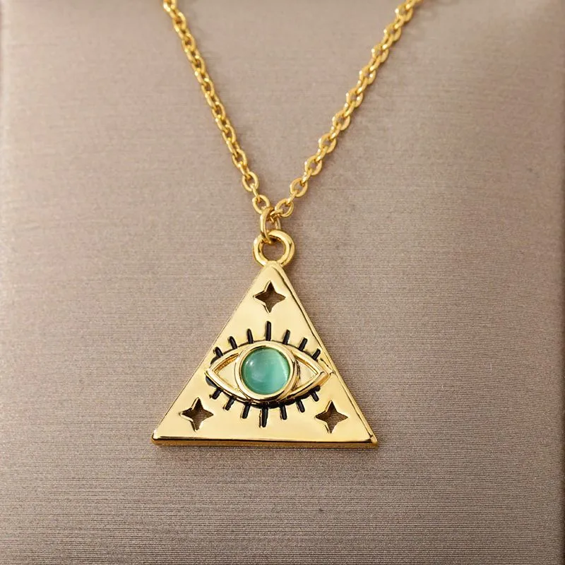 Minimalist Triangle Blue Opal Necklace Gold Color Stainless Steel Turkish Evil Eye Pendant