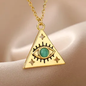 Minimalist Triangle Blue Opal Necklace Gold Color Stainless Steel Turkish Evil Eye Pendant