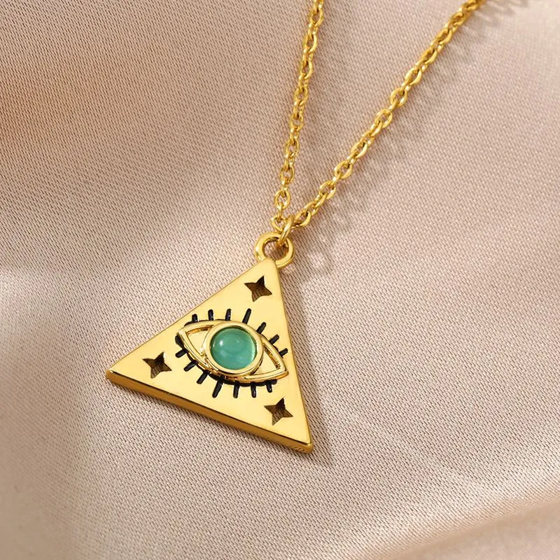 Minimalist Triangle Blue Opal Necklace Gold Color Stainless Steel Turkish Evil Eye Pendant
