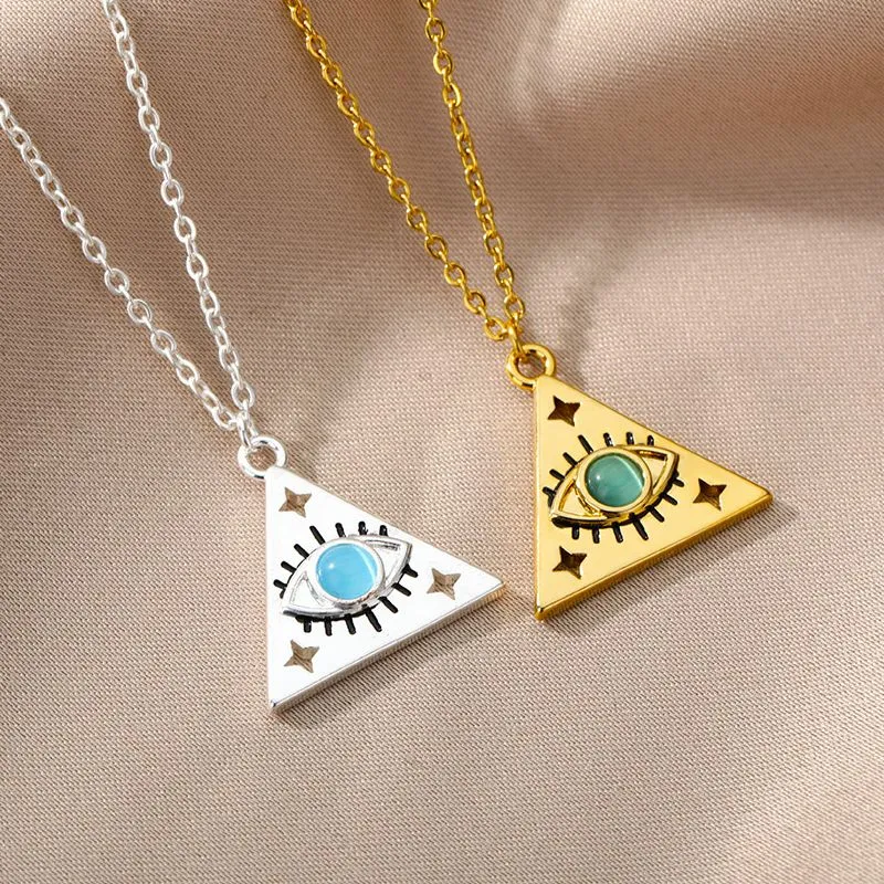 Minimalist Triangle Blue Opal Necklace Gold Color Stainless Steel Turkish Evil Eye Pendant