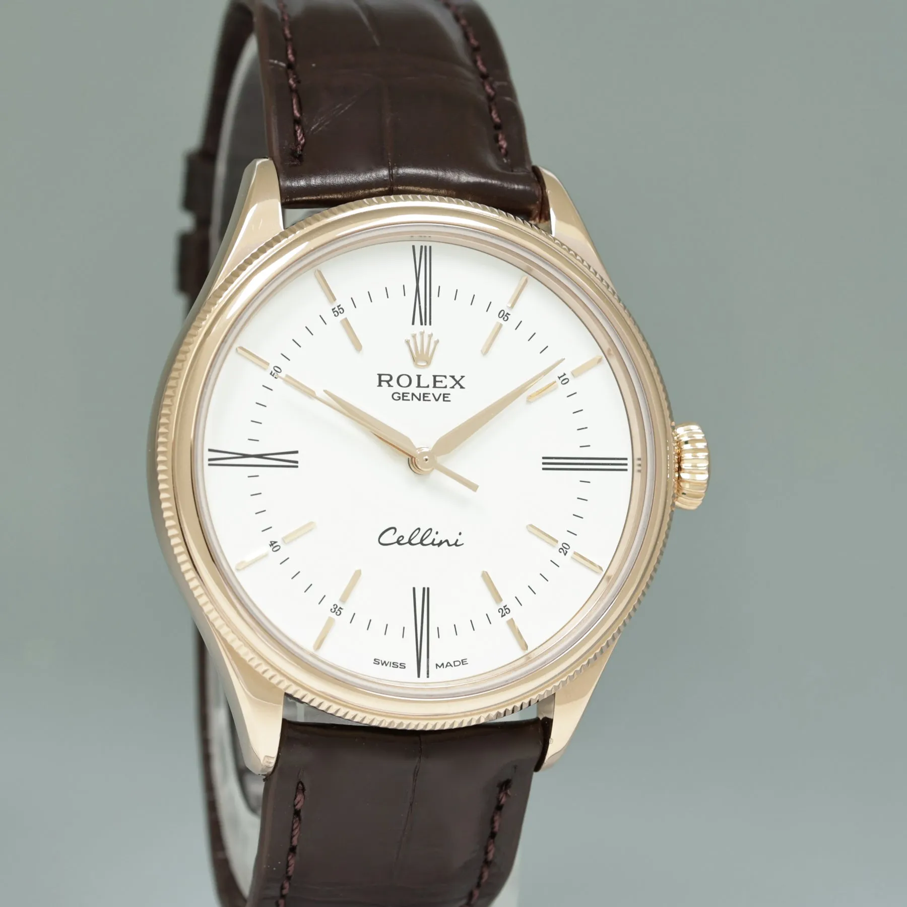 MINT PAPERS Rolex Cellini White Dial Rose Gold 39mm Leather 50505 Watch Box