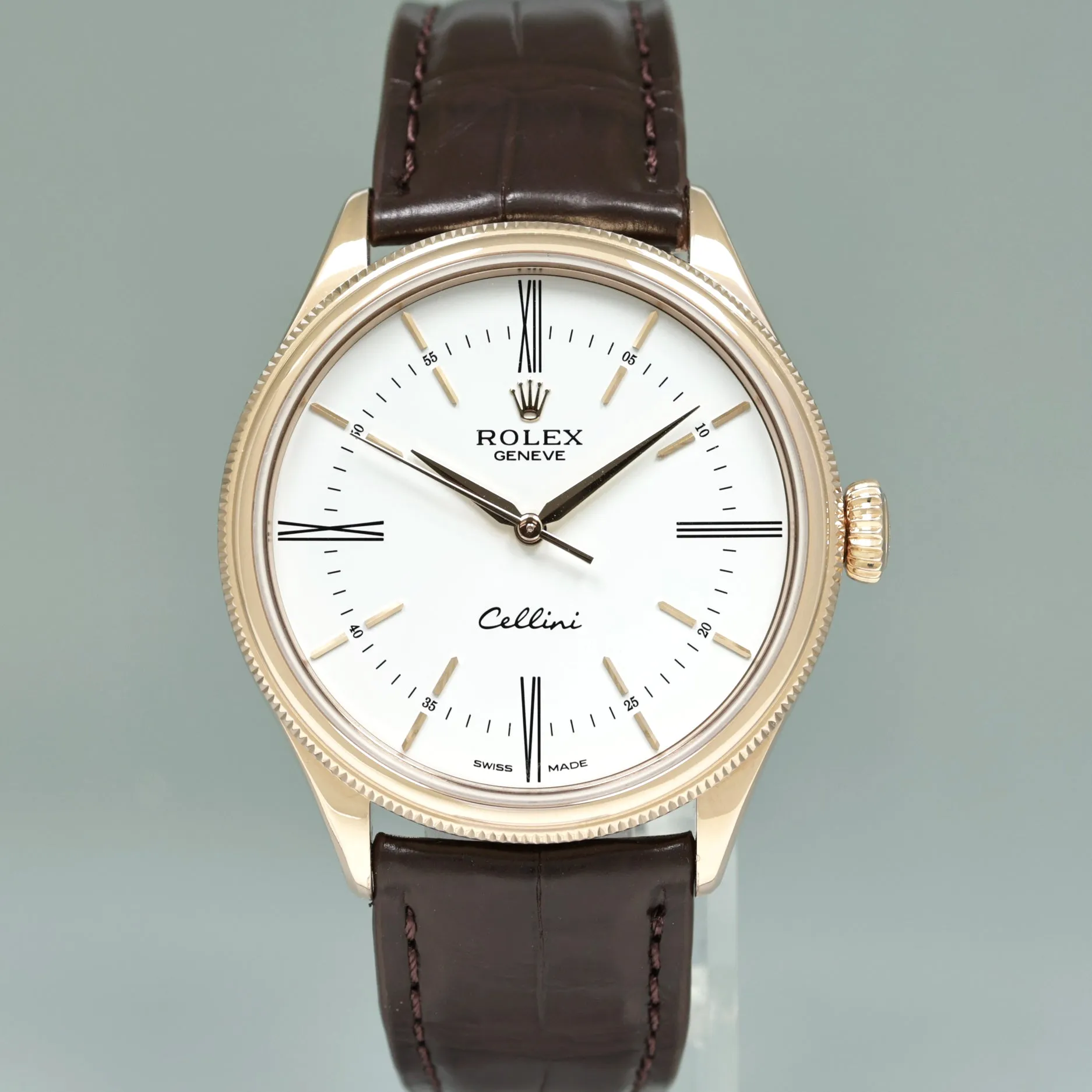 MINT PAPERS Rolex Cellini White Dial Rose Gold 39mm Leather 50505 Watch Box