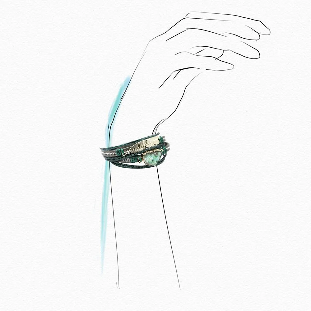 Multi-wrap Druzy Bracelets with Feather Leaf Charm