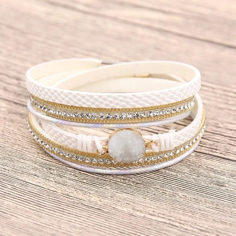 Multi-wrap Druzy Bracelets with Feather Leaf Charm