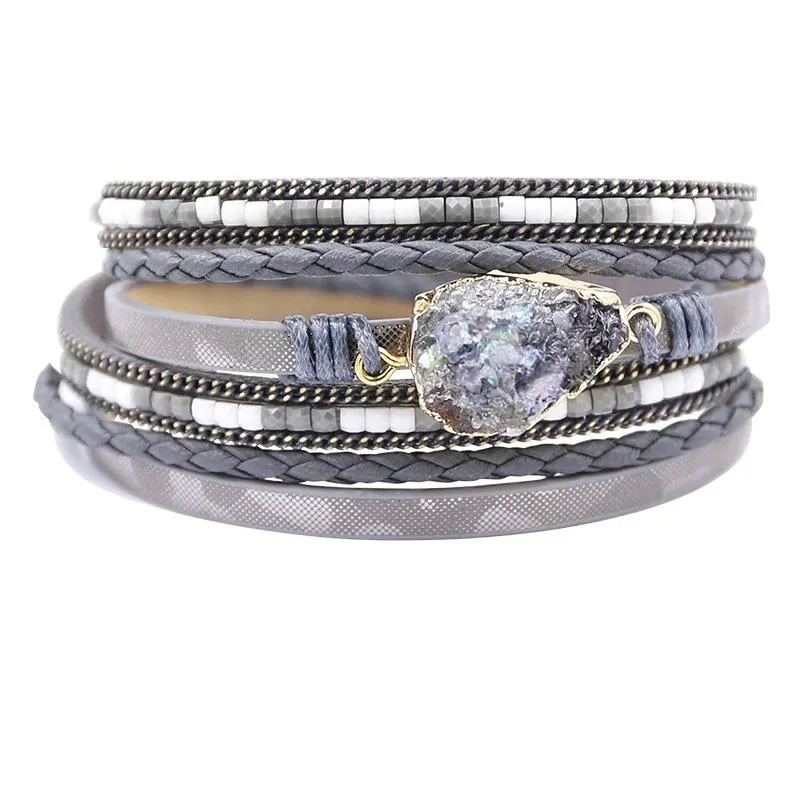 Multi-wrap Druzy Bracelets with Feather Leaf Charm