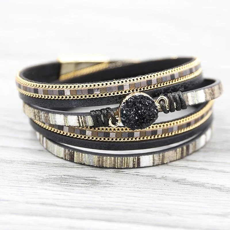 Multi-wrap Druzy Bracelets with Feather Leaf Charm