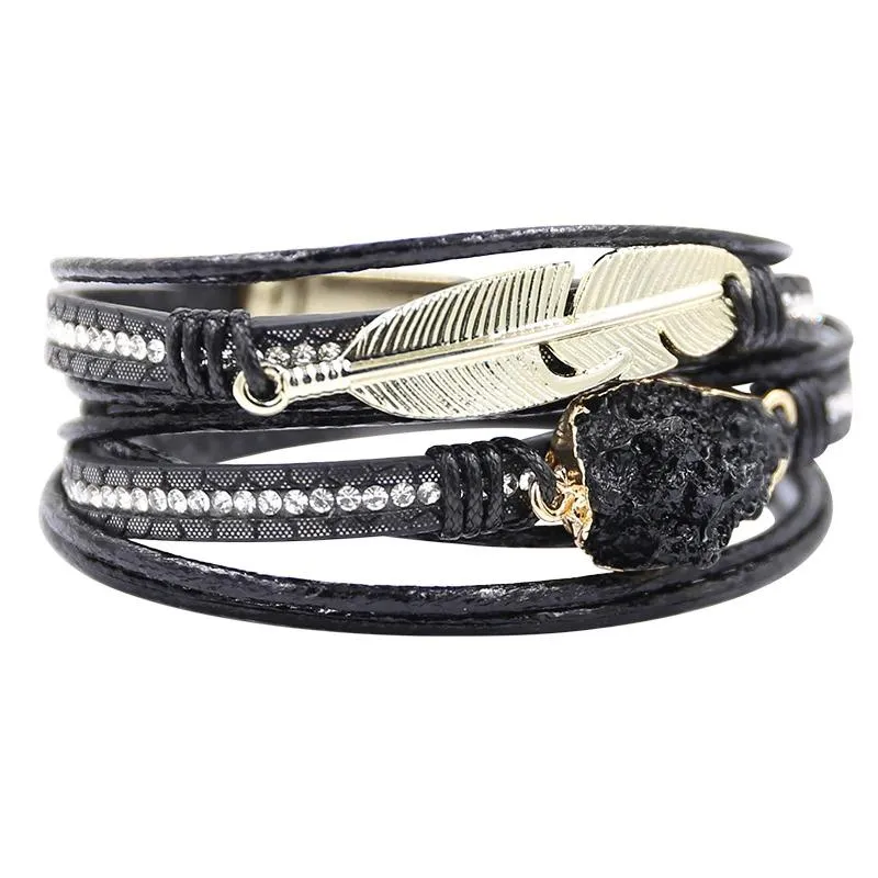 Multi-wrap Druzy Bracelets with Feather Leaf Charm