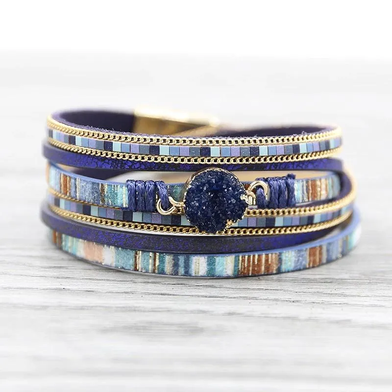 Multi-wrap Druzy Bracelets with Feather Leaf Charm