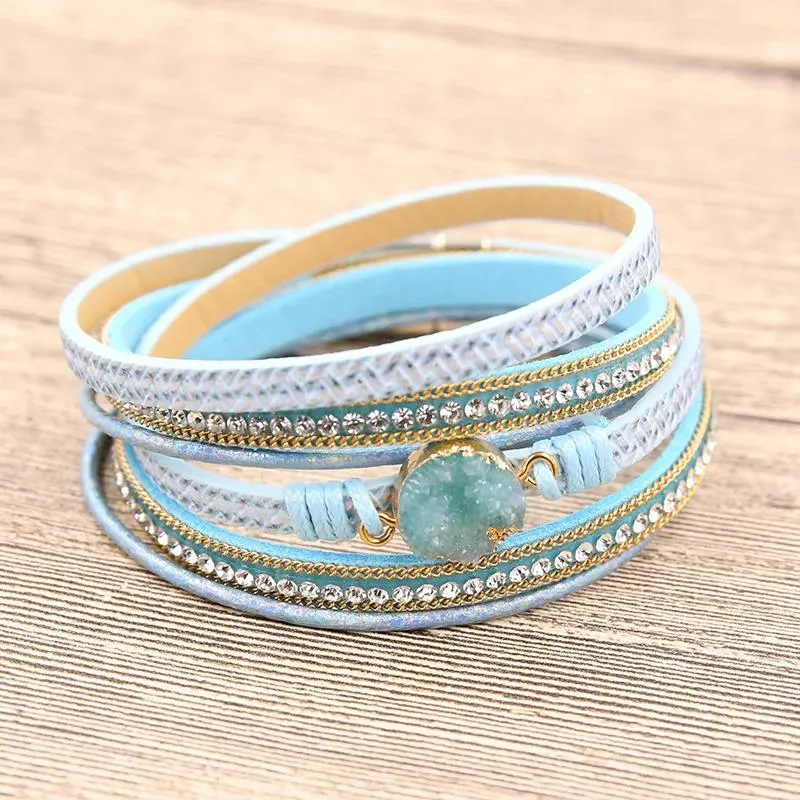 Multi-wrap Druzy Bracelets with Feather Leaf Charm