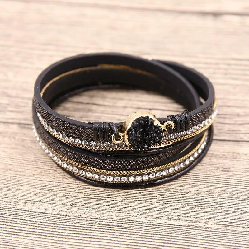 Multi-wrap Druzy Bracelets with Feather Leaf Charm
