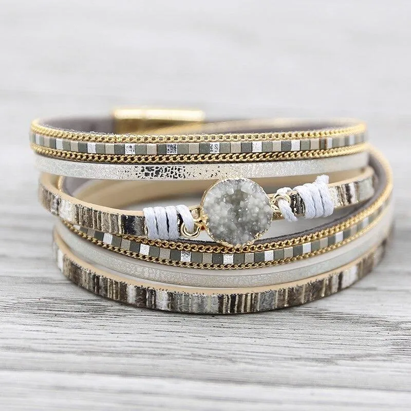 Multi-wrap Druzy Bracelets with Feather Leaf Charm