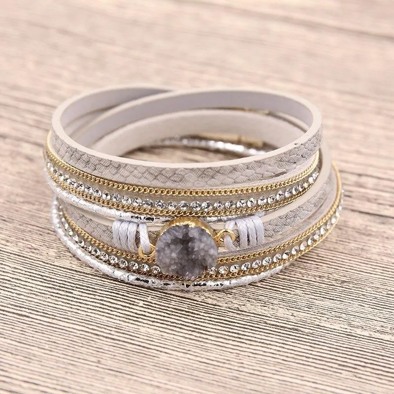 Multi-wrap Druzy Bracelets with Feather Leaf Charm