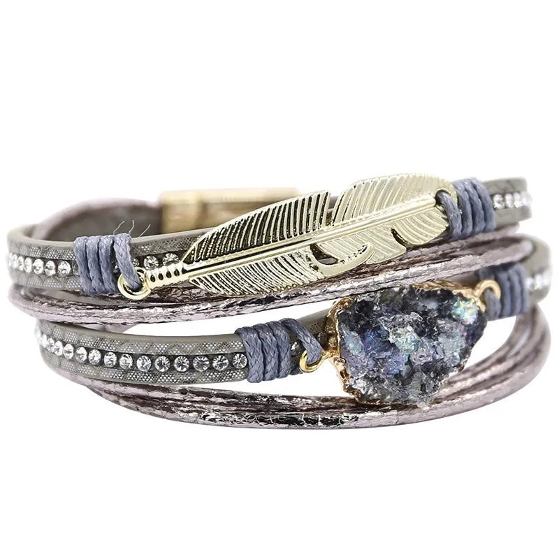 Multi-wrap Druzy Bracelets with Feather Leaf Charm