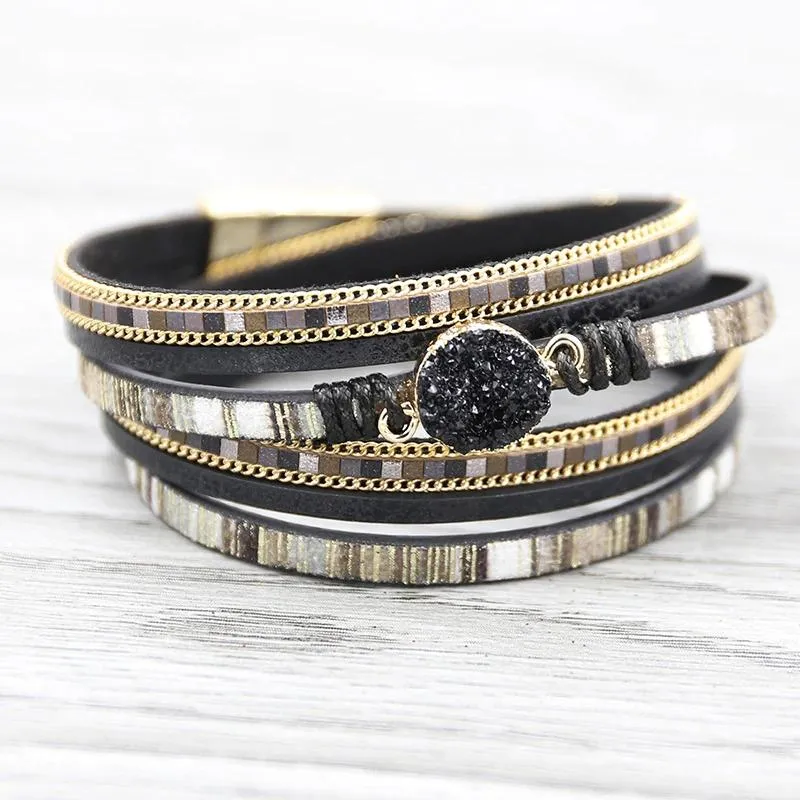 Multi-wrap Druzy Bracelets with Feather Leaf Charm
