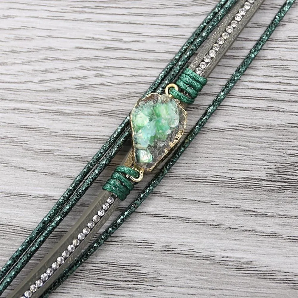 Multi-wrap Druzy Bracelets with Feather Leaf Charm