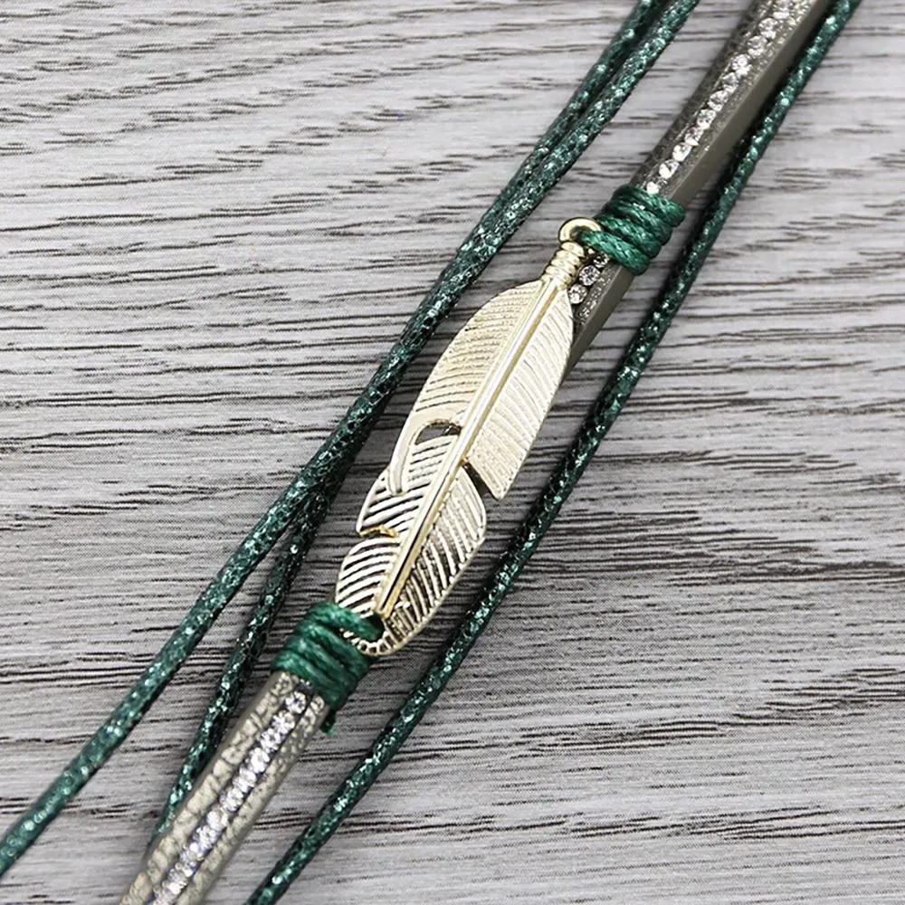 Multi-wrap Druzy Bracelets with Feather Leaf Charm